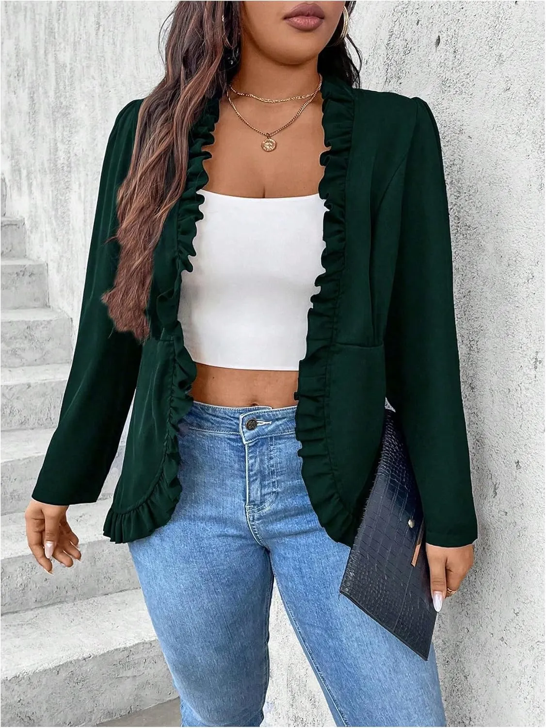 SHENHE Women's Plus Size Open Front Ruffle Trim Elegant Business Casual Office Blazer Jacket