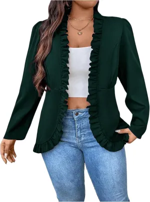 SHENHE Women's Plus Size Open Front Ruffle Trim Elegant Business Casual Office Blazer Jacket