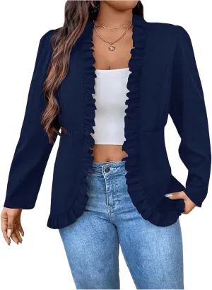 SHENHE Women's Plus Size Open Front Ruffle Trim Elegant Business Casual Office Blazer Jacket
