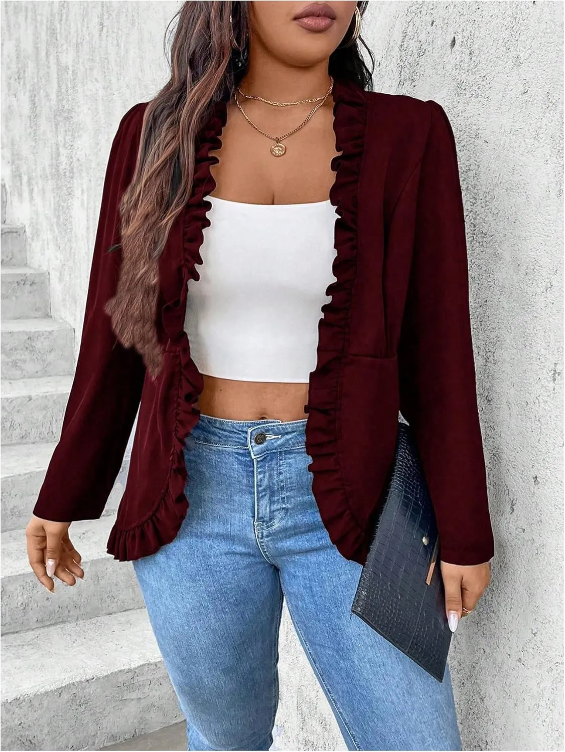 SHENHE Women's Plus Size Open Front Ruffle Trim Elegant Business Casual Office Blazer Jacket