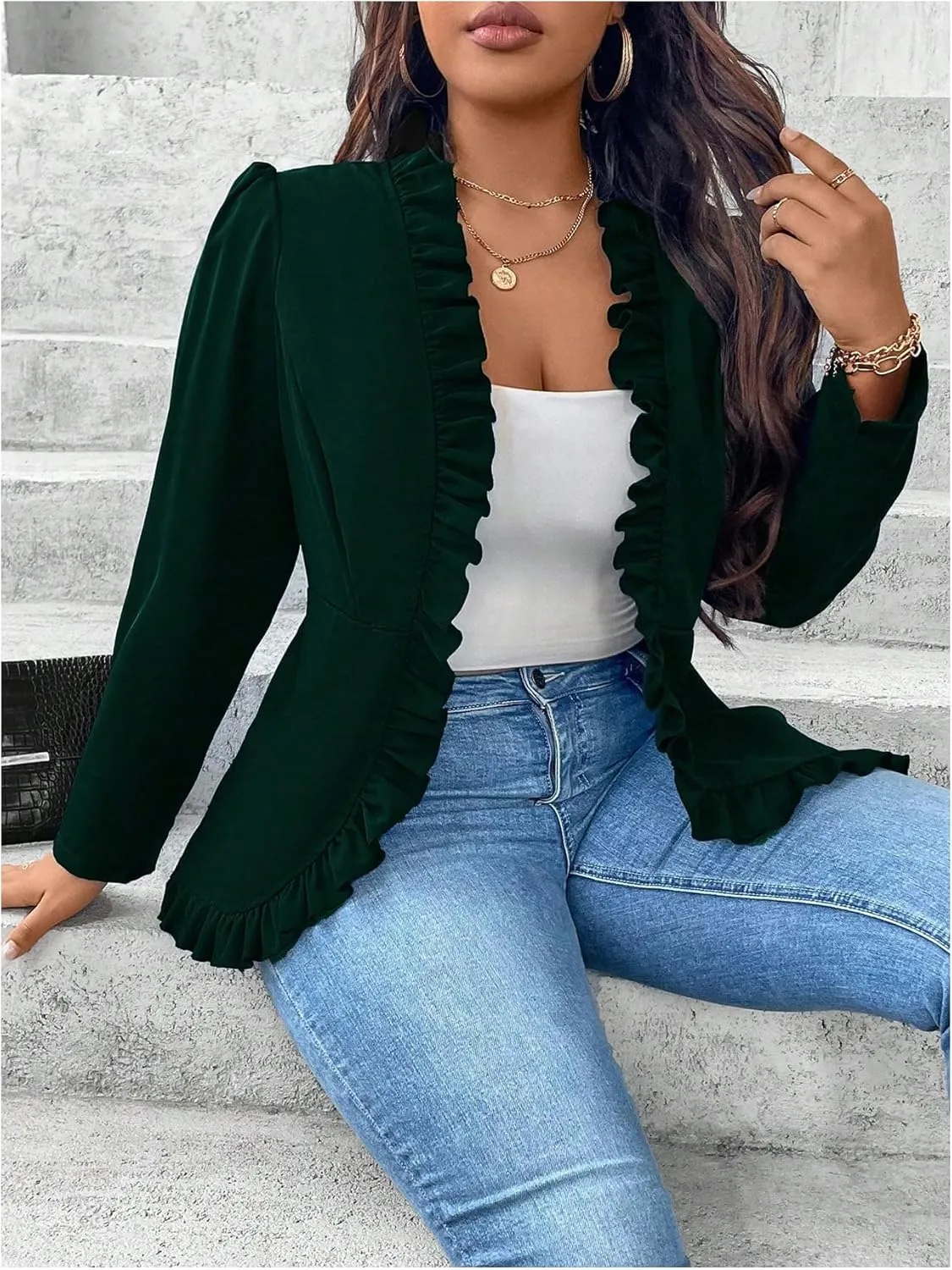 SHENHE Women's Plus Size Open Front Ruffle Trim Elegant Business Casual Office Blazer Jacket