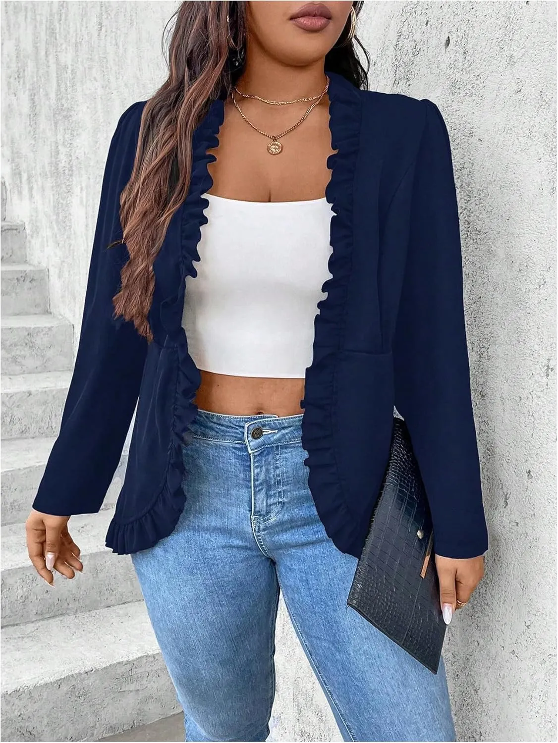 SHENHE Women's Plus Size Open Front Ruffle Trim Elegant Business Casual Office Blazer Jacket