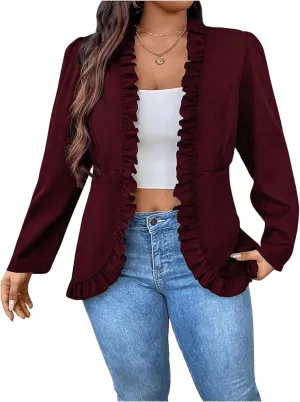 SHENHE Women's Plus Size Open Front Ruffle Trim Elegant Business Casual Office Blazer Jacket