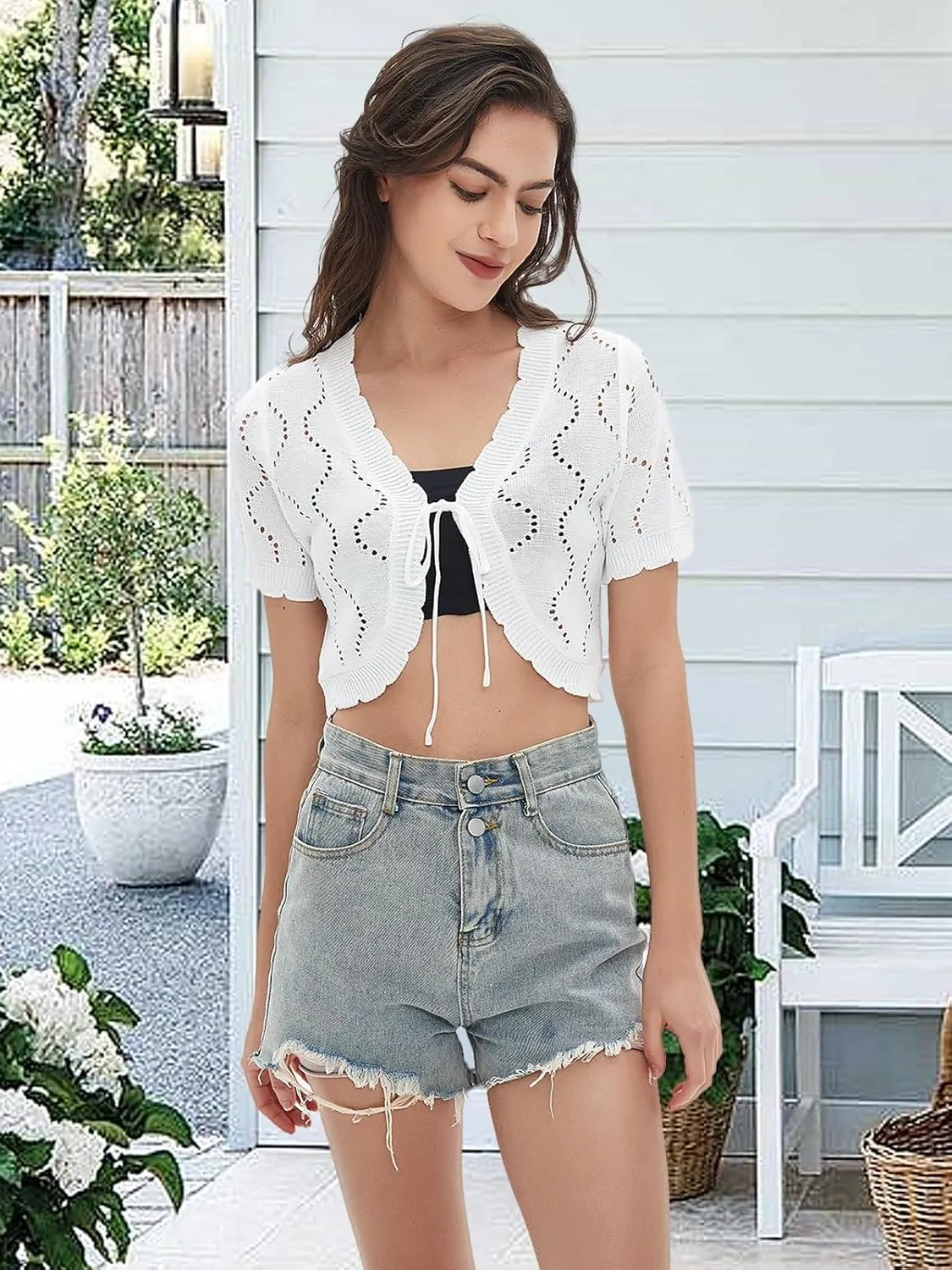 Shrugs for Women Dresses  Tie Front Short Sleeve Bolero Shrug Tops, Lightweight Cropped Knit Sweater Cardigan