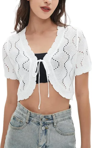 Shrugs for Women Dresses  Tie Front Short Sleeve Bolero Shrug Tops, Lightweight Cropped Knit Sweater Cardigan