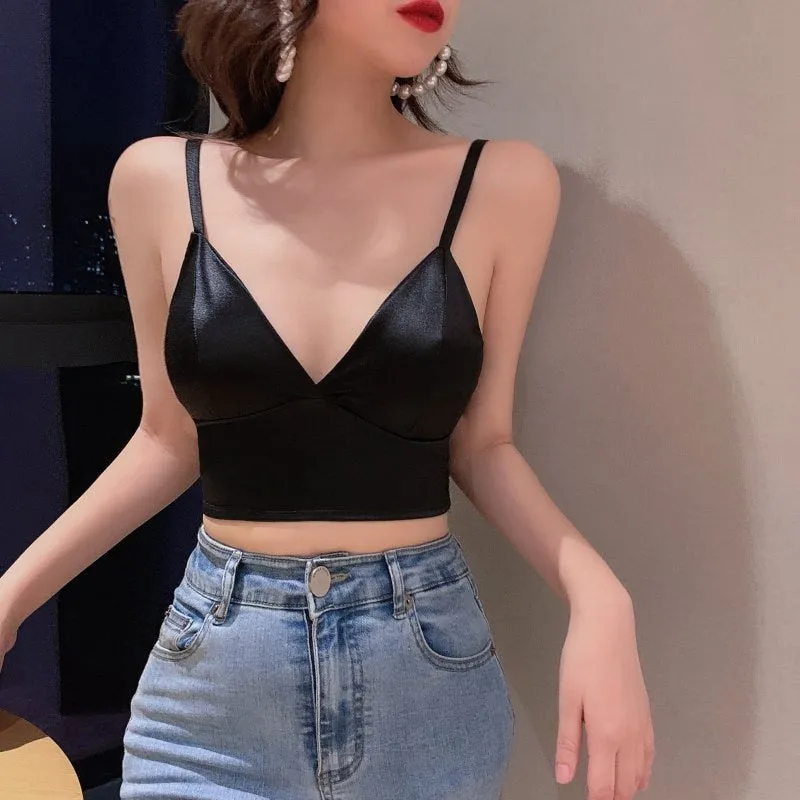 Silk Cami Tank Tops Women&#39;S Camisole Spaghetti Strap Women V Neck White Black Sleeveless Streetwear High Street With Chest Pad