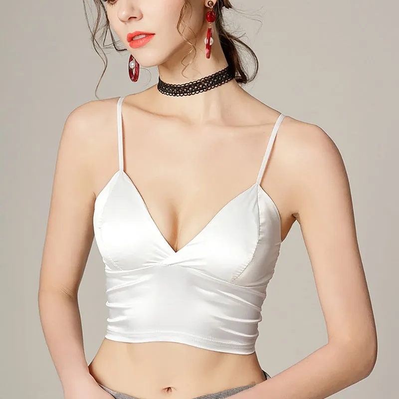 Silk Cami Tank Tops Women&#39;S Camisole Spaghetti Strap Women V Neck White Black Sleeveless Streetwear High Street With Chest Pad