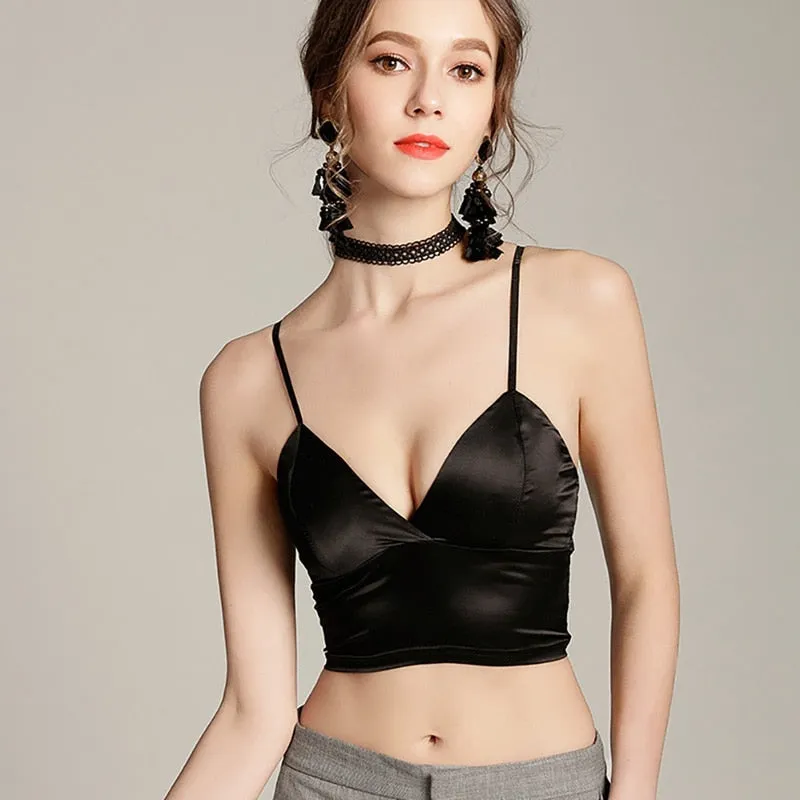 Silk Cami Tank Tops Women&#39;S Camisole Spaghetti Strap Women V Neck White Black Sleeveless Streetwear High Street With Chest Pad