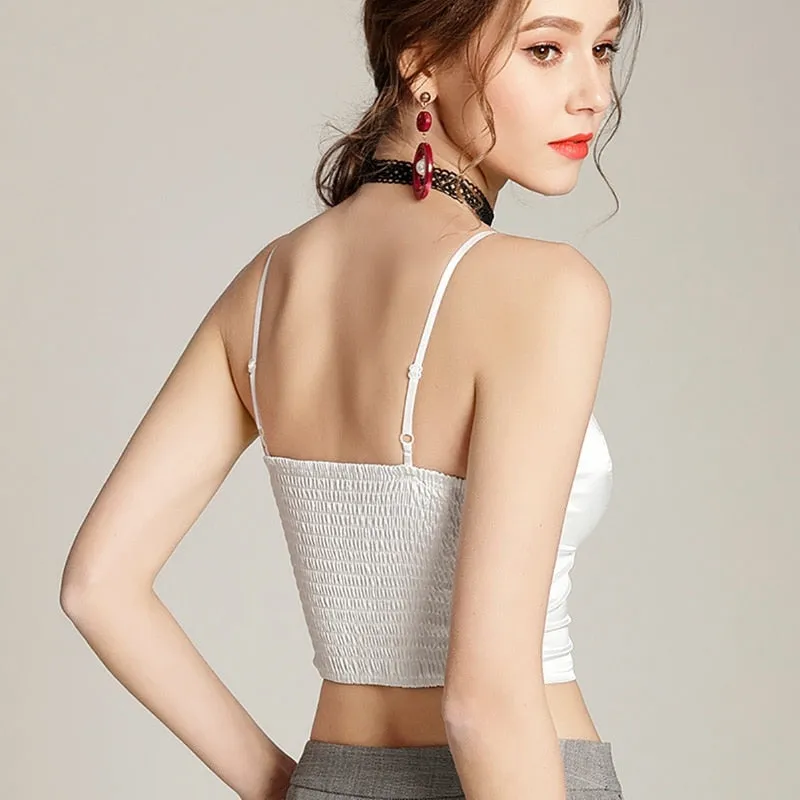 Silk Cami Tank Tops Women&#39;S Camisole Spaghetti Strap Women V Neck White Black Sleeveless Streetwear High Street With Chest Pad