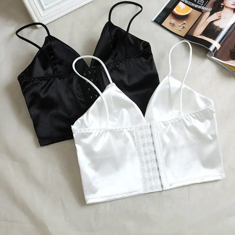 Silk Cami Tank Tops Women&#39;S Camisole Spaghetti Strap Women V Neck White Black Sleeveless Streetwear High Street With Chest Pad