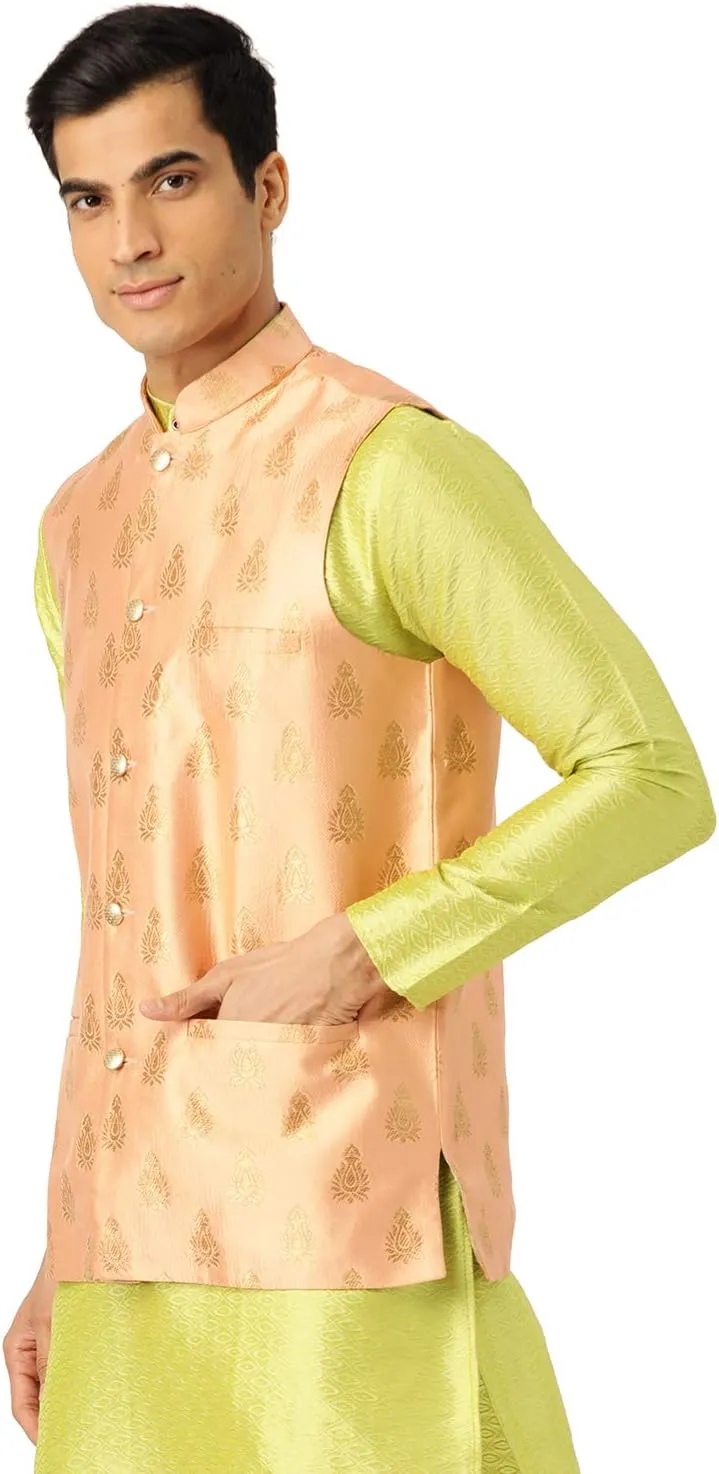Sojanya (Since 1958, Men's Silk Blend Magenta & Gold Self Design Nehru Jacket