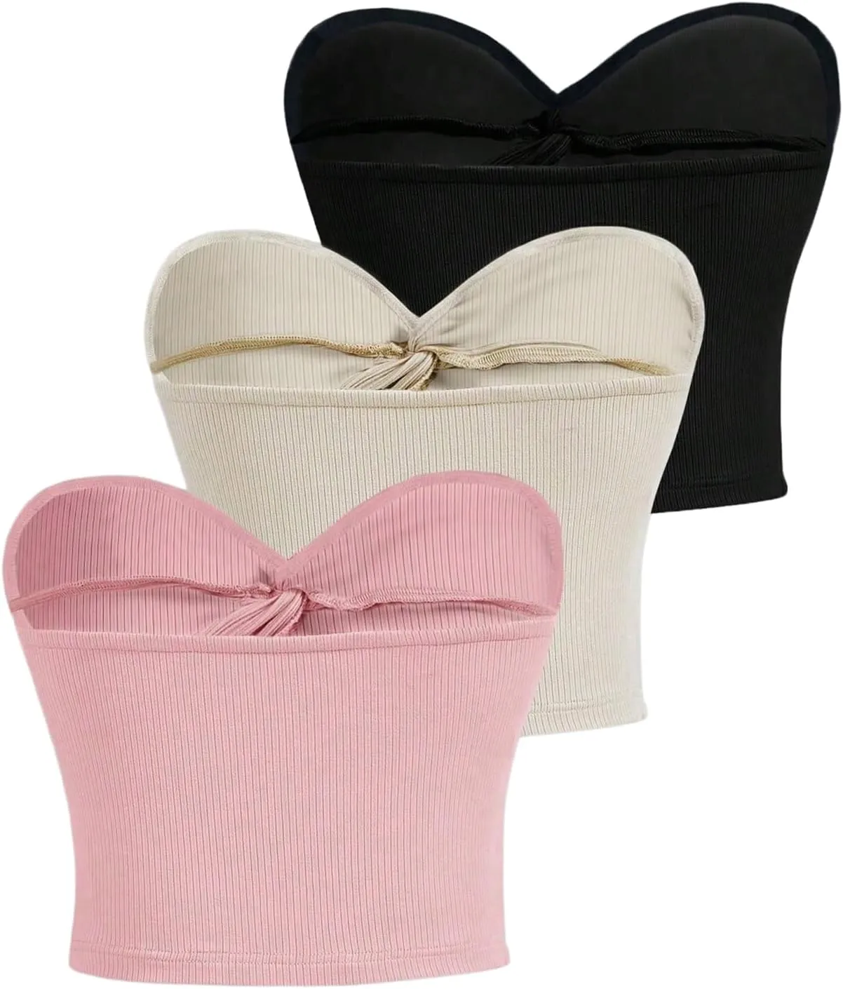 SOLY HUX Women's 3 Piece Tube Top Twist Front Strapless Sleeveless Bandeau Going Out Crop Tops