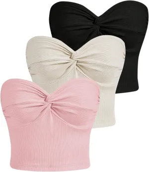 SOLY HUX Women's 3 Piece Tube Top Twist Front Strapless Sleeveless Bandeau Going Out Crop Tops