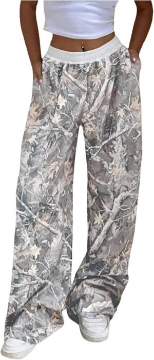 SOLY HUX Women's Camo Pants Elastic Waist Baggy Wide Leg Y2k Sweatpants with Pockets