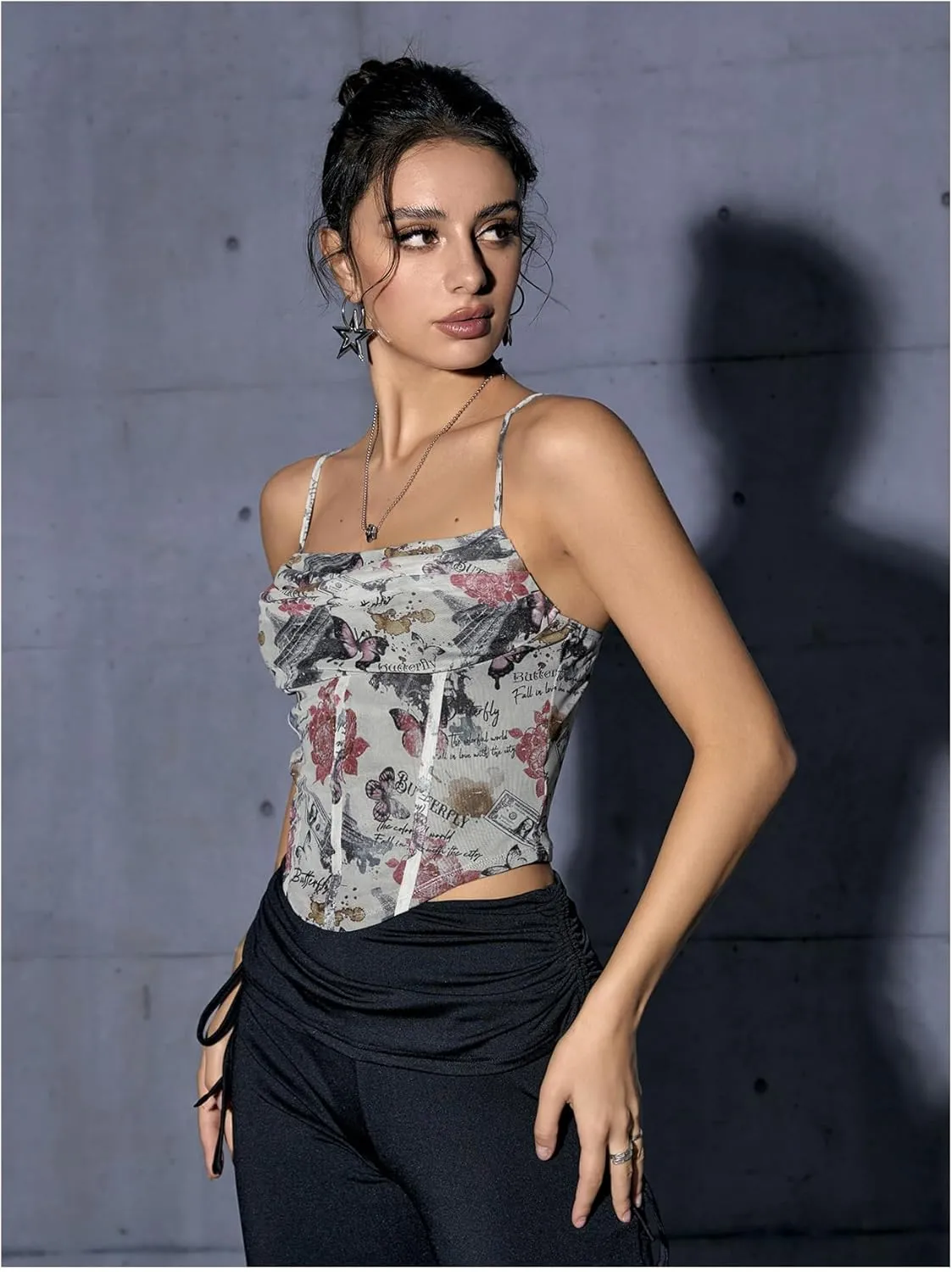SOLY HUX Women's Graphic Figure Ruffled Bust Bustier Renaissance Cami Top Sleeveless Slim Fit Y2K Corset Crop Tops