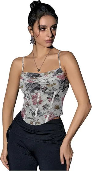 SOLY HUX Women's Graphic Figure Ruffled Bust Bustier Renaissance Cami Top Sleeveless Slim Fit Y2K Corset Crop Tops