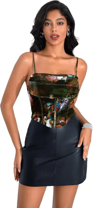 SOLY HUX Women's Graphic Figure Ruffled Bust Bustier Renaissance Cami Top Sleeveless Slim Fit Y2K Corset Crop Tops