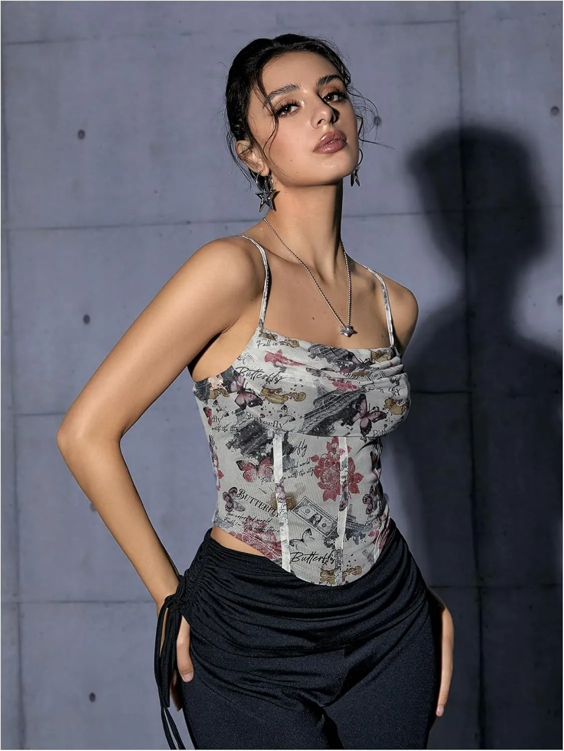 SOLY HUX Women's Graphic Figure Ruffled Bust Bustier Renaissance Cami Top Sleeveless Slim Fit Y2K Corset Crop Tops