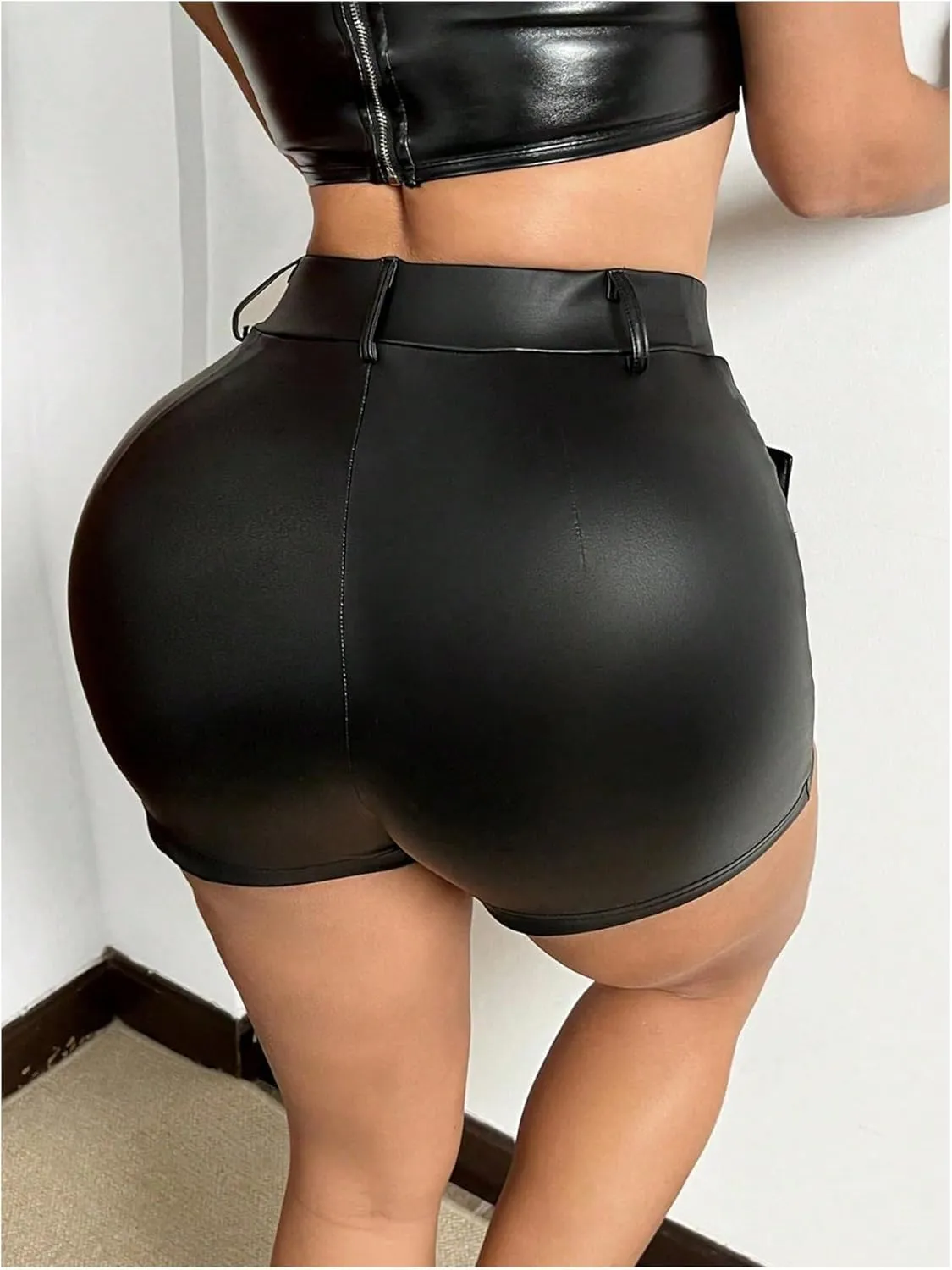 SOLY HUX Women's PU Leather Asymmetrical Hem Shorts High Waisted Clubwear Mini Skorts