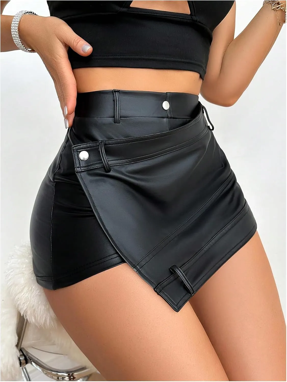 SOLY HUX Women's PU Leather Asymmetrical Hem Shorts High Waisted Clubwear Mini Skorts
