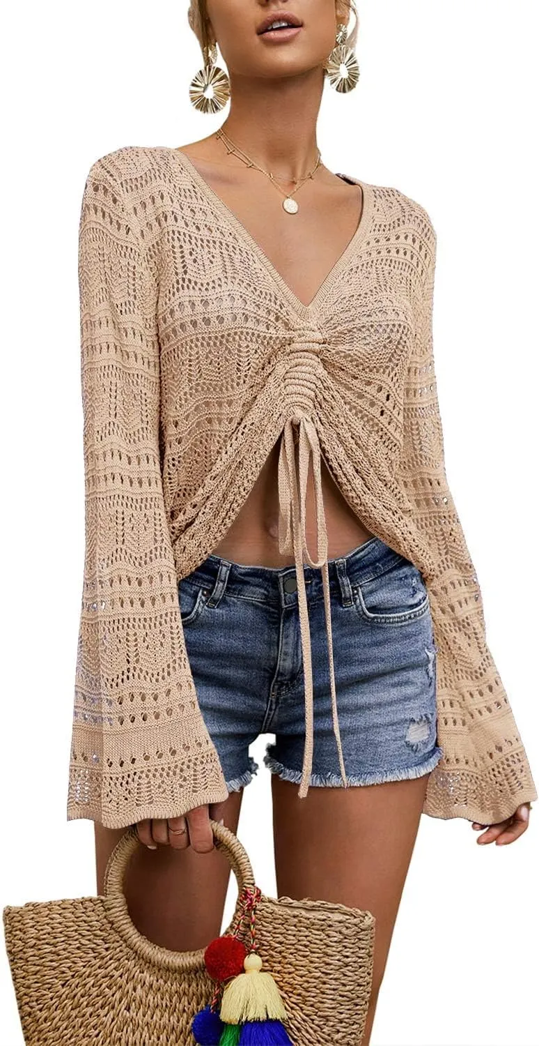 Spicy Sandia Women's Crochet Tops Tie Front Summer Sweater Bell Sleeve Boho Tops Beach Vacation Outfit Swimsuit Cover Up