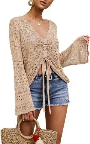 Spicy Sandia Women's Crochet Tops Tie Front Summer Sweater Bell Sleeve Boho Tops Beach Vacation Outfit Swimsuit Cover Up