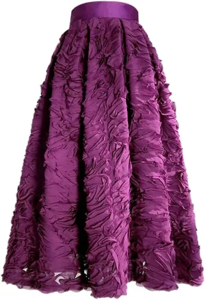 Spring 3D Reddish Purple Color Mesh Lace Embroidery High Waist Pleated Midi Skirt Birthday Party