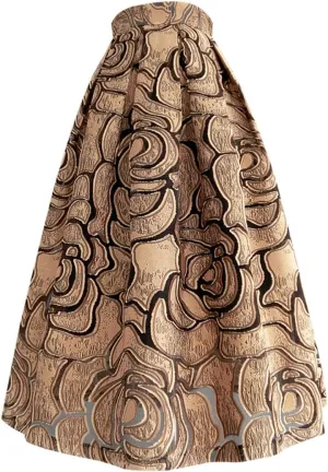 Spring Autumn High Waisted Long Midi Pleated Skirt Coffee Color Hollow-Out Floral