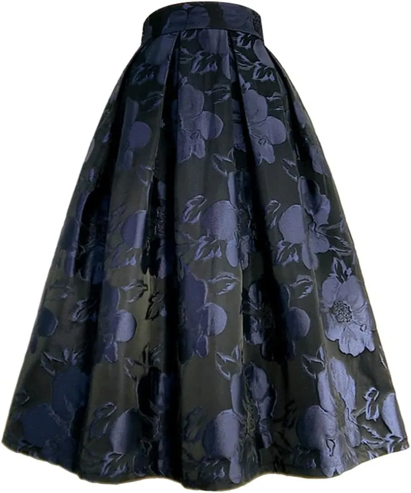 Spring Autumn Women Floral Embroidery High Waist Pleated Long Midi Maxi Skirt
