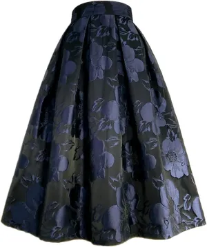 Spring Autumn Women Floral Embroidery High Waist Pleated Long Midi Maxi Skirt