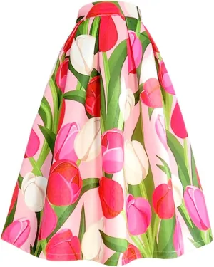 Spring Korean Pink Floral High Waist Pleated Long Midi Skirt for Party Festival