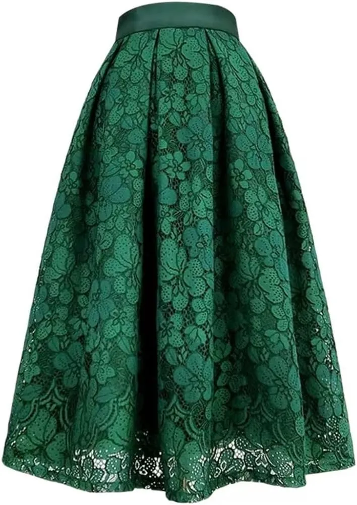 Spring Lady Embroidery High Waist Long Lace Midi Skirt