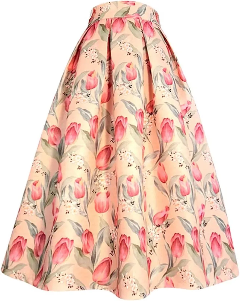 Spring Summer Clothes Women Pink Floral Print High Waist Pleated Midi Skirt