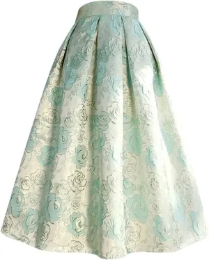 Spring Summer Clothes Women Pink Floral Print High Waist Pleated Midi Skirt