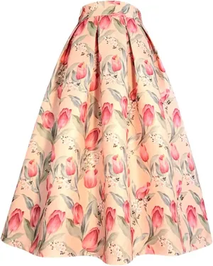 Spring Summer Clothes Women Pink Floral Print High Waist Pleated Midi Skirt