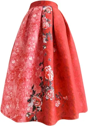 Spring Summer Vintage Embroidery High Waist Midi Pleated Skirt