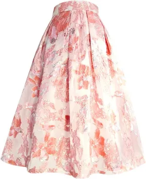 Spring Summer Vintage Floral High Waist Pink Beige EN8 Mesh Organza Midi Skirt Office