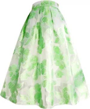 Spring Summer Vintage Floral High Waist Pink Beige EN8 Mesh Organza Midi Skirt Office