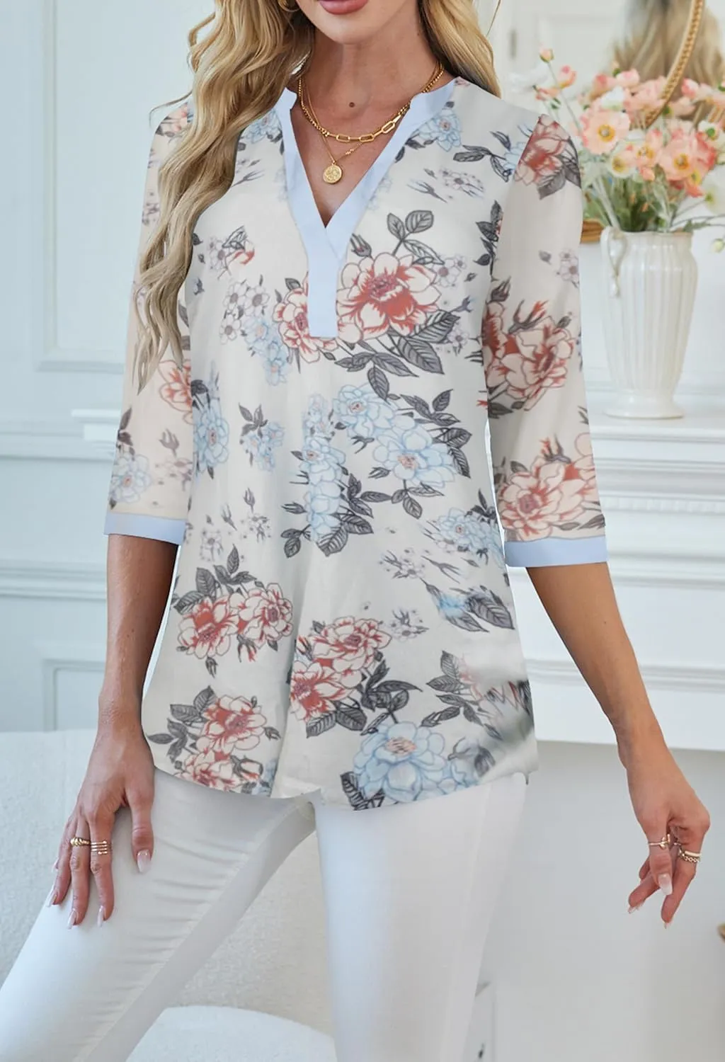 Supnier Womens Tops 3/4 Sleeve V Neck Dressy Blouses FLoral Print Layers Mesh Shirts Loose Fit Tunic Tops