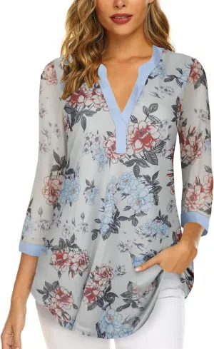 Supnier Womens Tops 3/4 Sleeve V Neck Dressy Blouses FLoral Print Layers Mesh Shirts Loose Fit Tunic Tops