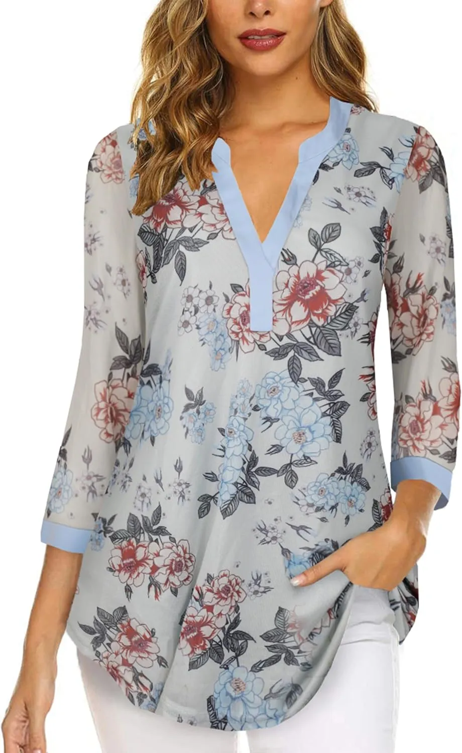 Supnier Womens Tops 3/4 Sleeve V Neck Dressy Blouses FLoral Print Layers Mesh Shirts Loose Fit Tunic Tops