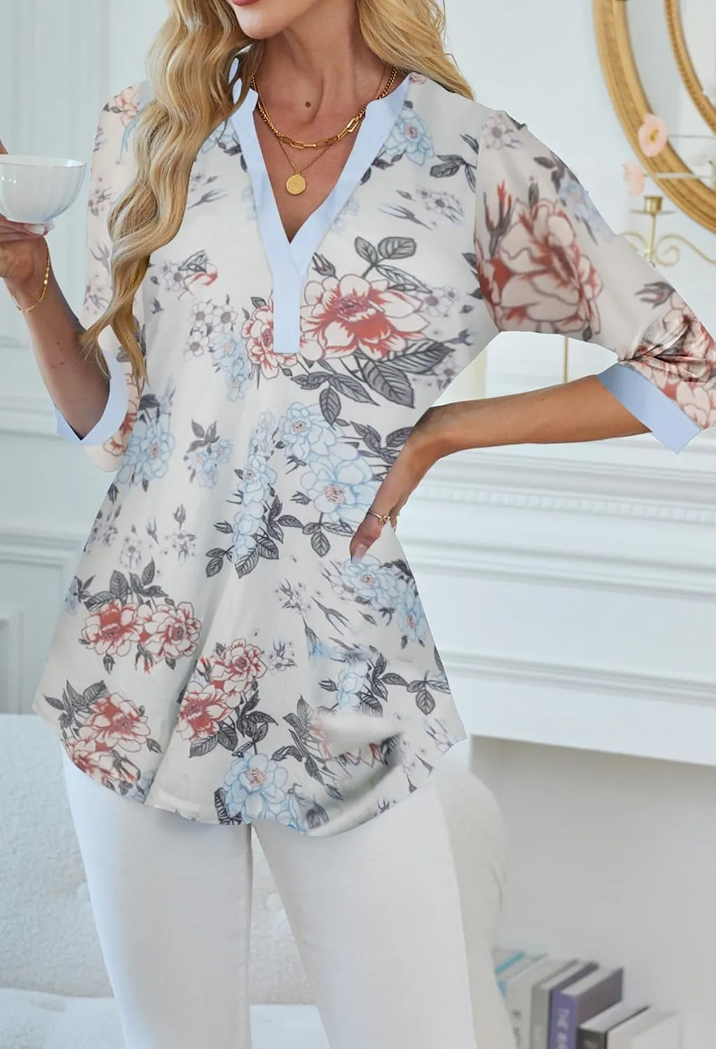 Supnier Womens Tops 3/4 Sleeve V Neck Dressy Blouses FLoral Print Layers Mesh Shirts Loose Fit Tunic Tops