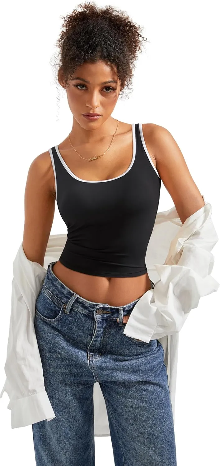SUUKSESS Women Scoop Neck Tank Top Summer Sleeveless Going Out Double Lined Basic Tops