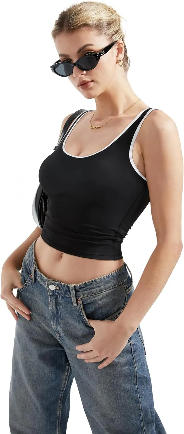 SUUKSESS Women Scoop Neck Tank Top Summer Sleeveless Going Out Double Lined Basic Tops