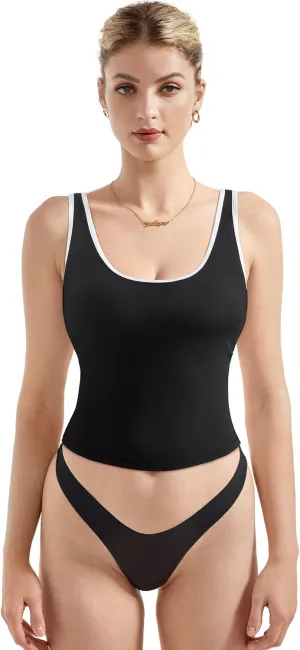 SUUKSESS Women Scoop Neck Tank Top Summer Sleeveless Going Out Double Lined Basic Tops