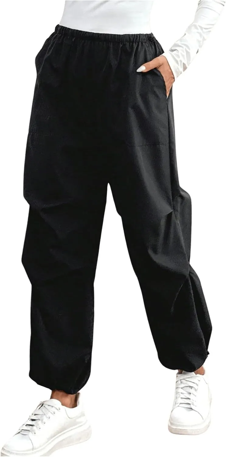 SweatyRocks Women's Casual Straight Leg Pants Drawstring Elastic High Waist Loose Comfy Trousers with Pockets