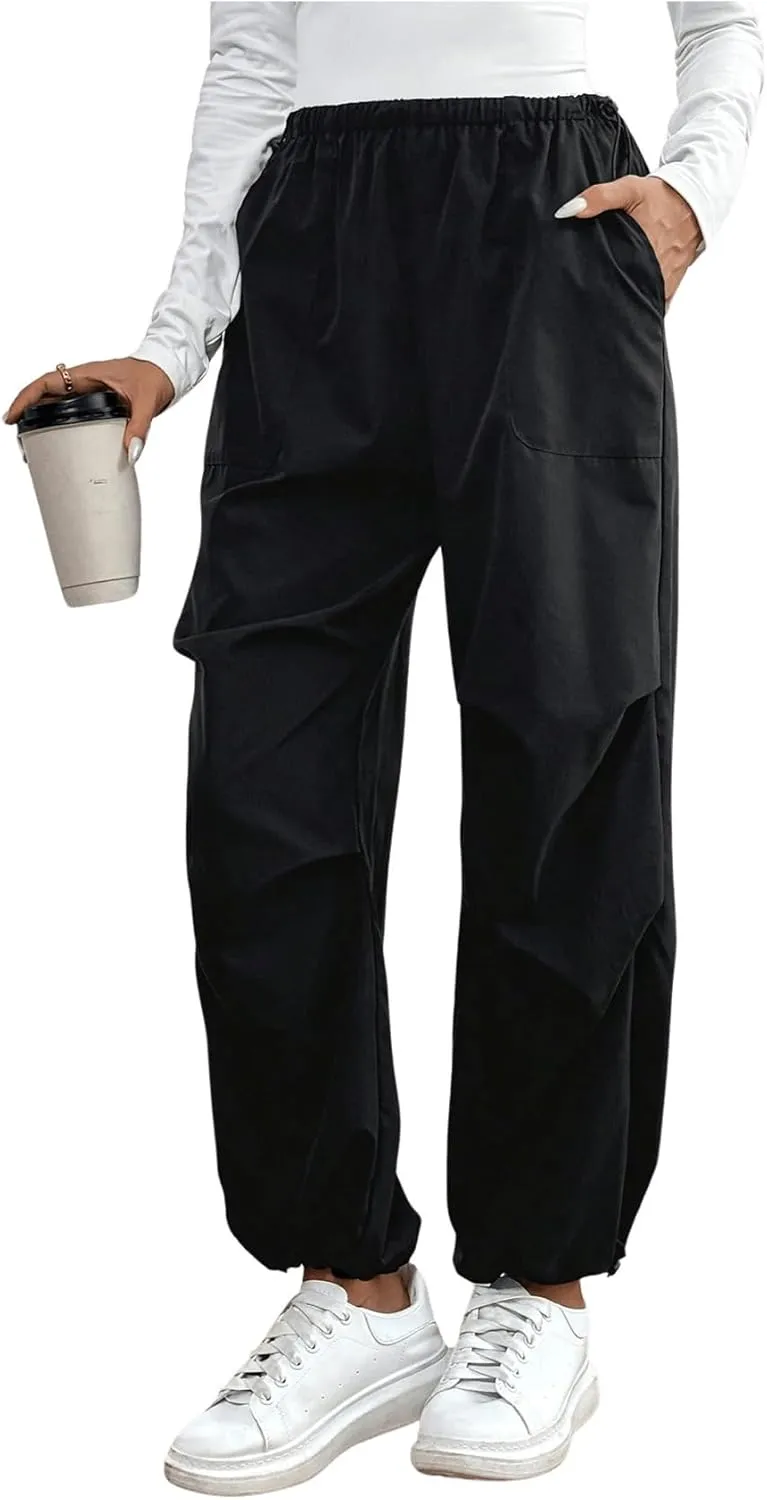 SweatyRocks Women's Casual Straight Leg Pants Drawstring Elastic High Waist Loose Comfy Trousers with Pockets