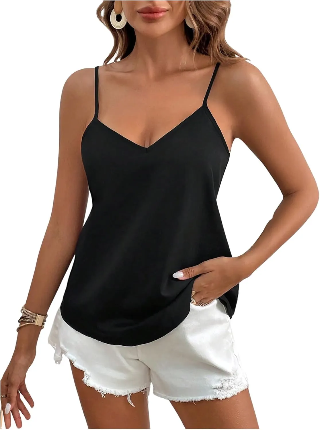 SweatyRocks Women's Criss Cross Back Tank Tops V Neck Cami Top Hollow Out Camisole Shirt