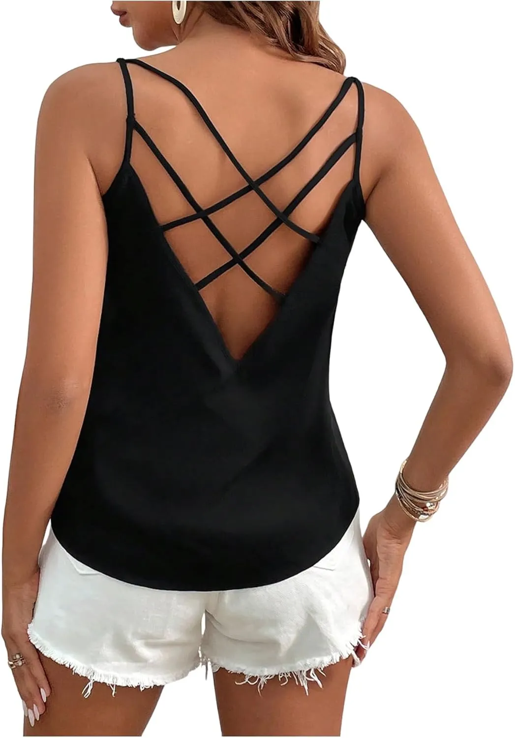 SweatyRocks Women's Criss Cross Back Tank Tops V Neck Cami Top Hollow Out Camisole Shirt