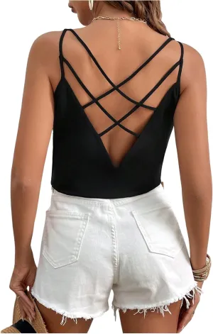 SweatyRocks Women's Criss Cross Back Tank Tops V Neck Cami Top Hollow Out Camisole Shirt